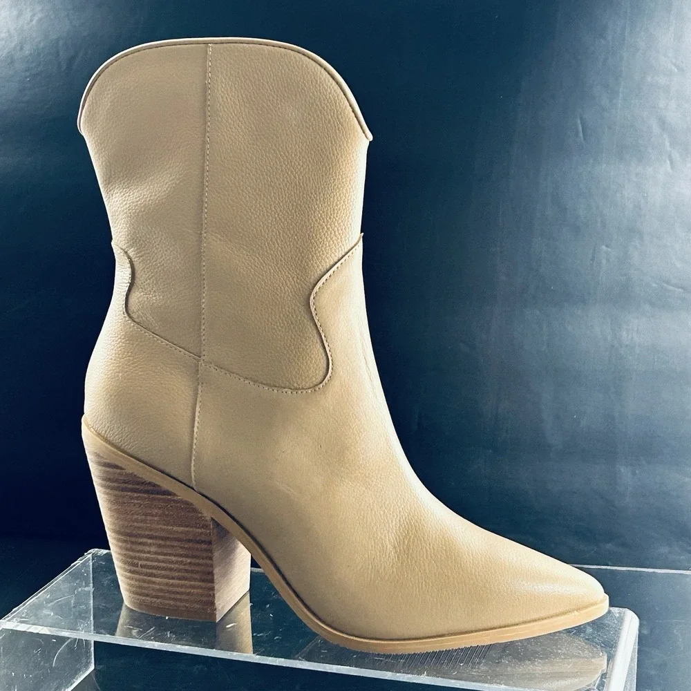 Lisa Vicky Womens Tan Leather Western Ankle Boots Pointed Toe‎ Block Heel Zip